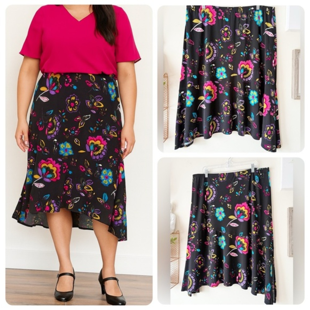 90s New York City Design Co Black Multicolor Floral Asymmetrical Skirt Size XL